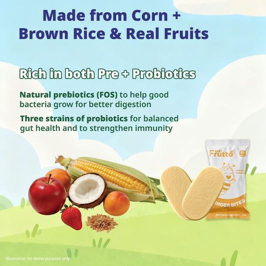 🇸🇬Baby Frutto Tender Bites 6+ Months – Corn-Based Baby Biscuits with Prebiotics & Probiotics