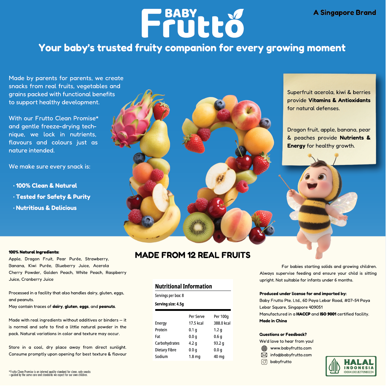 🇸🇬Baby Frutto Rainbow Melts 6+ Months – Freeze-Dried Fruit Snack Made from 12 Real Fruits Only