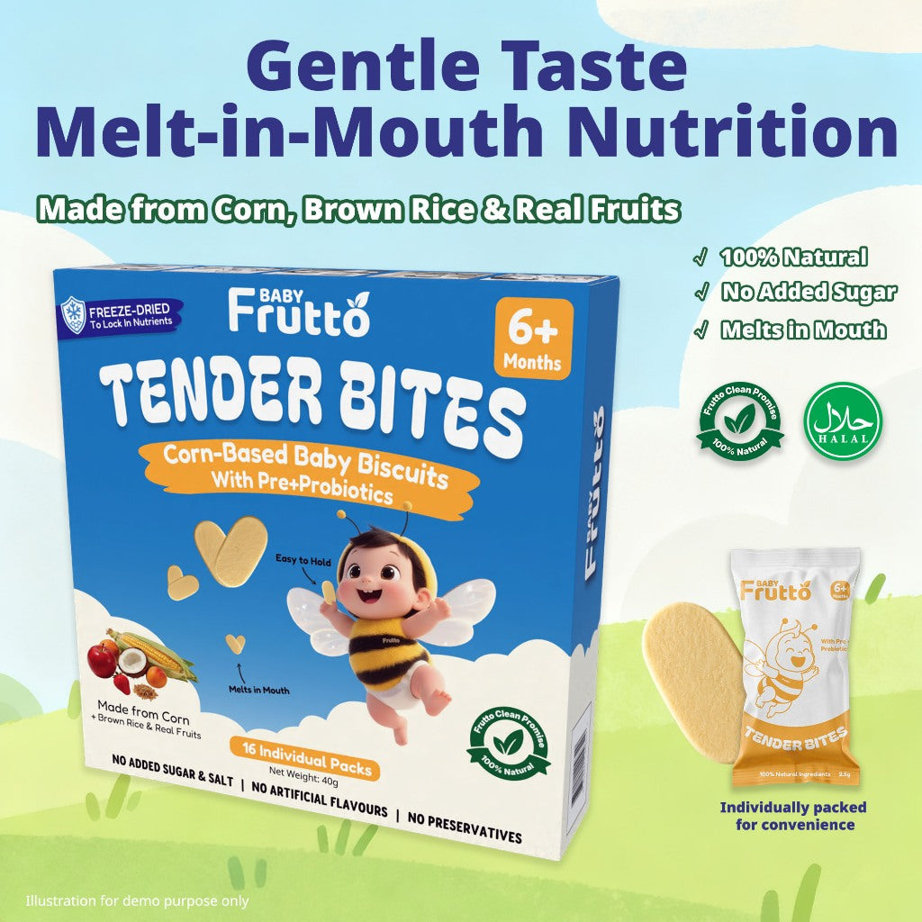 🇸🇬Baby Frutto Tender Bites 6+ Months – Corn-Based Baby Biscuits with Prebiotics & Probiotics